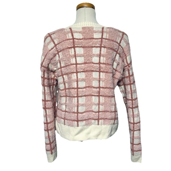 LC Lauren Conrad Women's L Pink / Cream Plaid Soft Plushy Cardigan Sweater - Picture 3 of 6